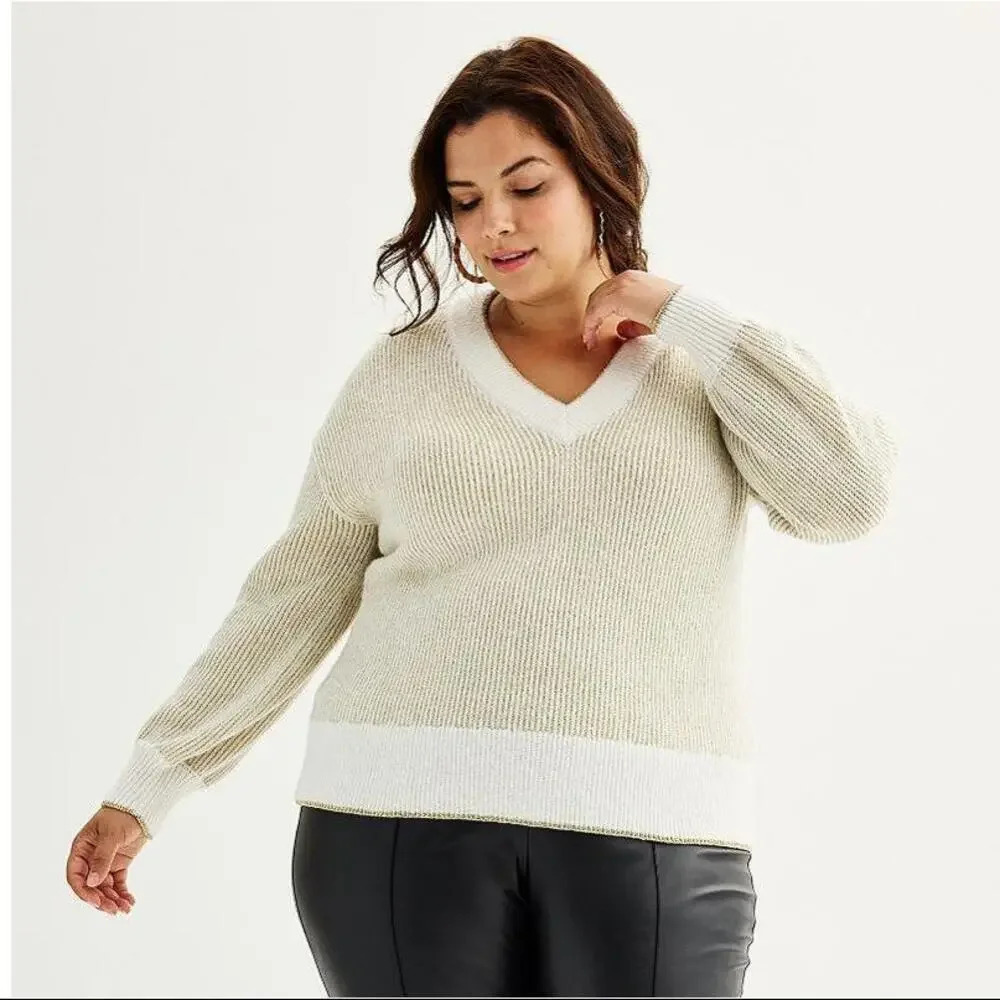 NWT Nine West Plus Size V-Neck Shine Pullover Sweater Daisy Dew Size 1X